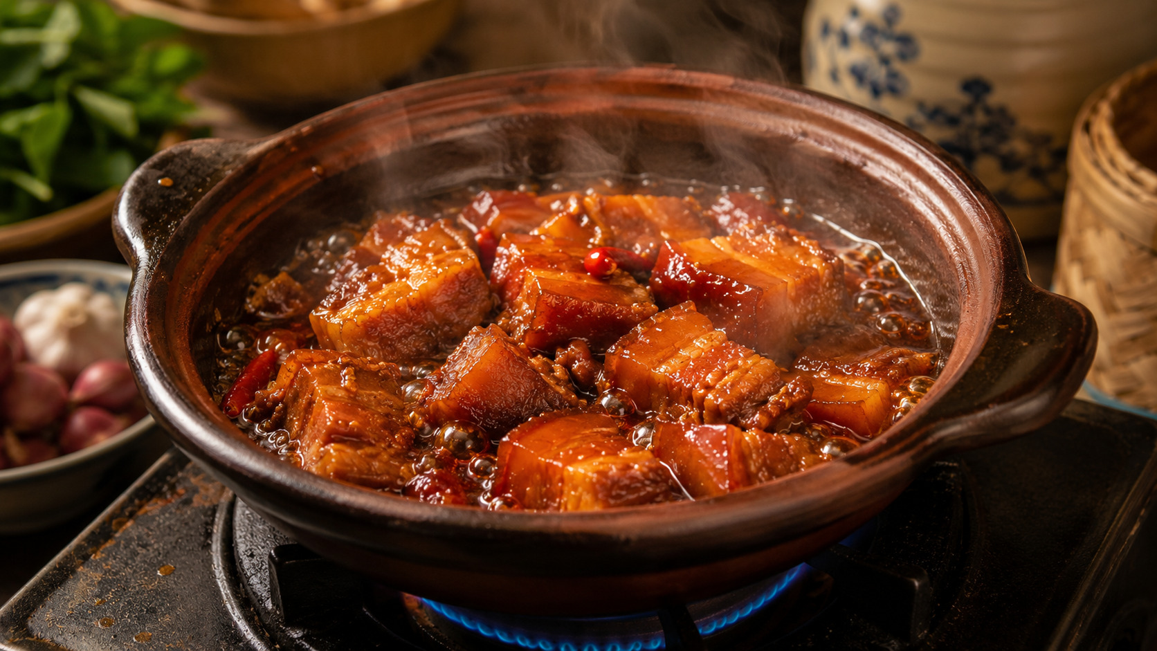 Canh lửa nhỏ liu riu giúp thịt ba chỉ kho lên màu cánh gián đẹp và không bị khô
